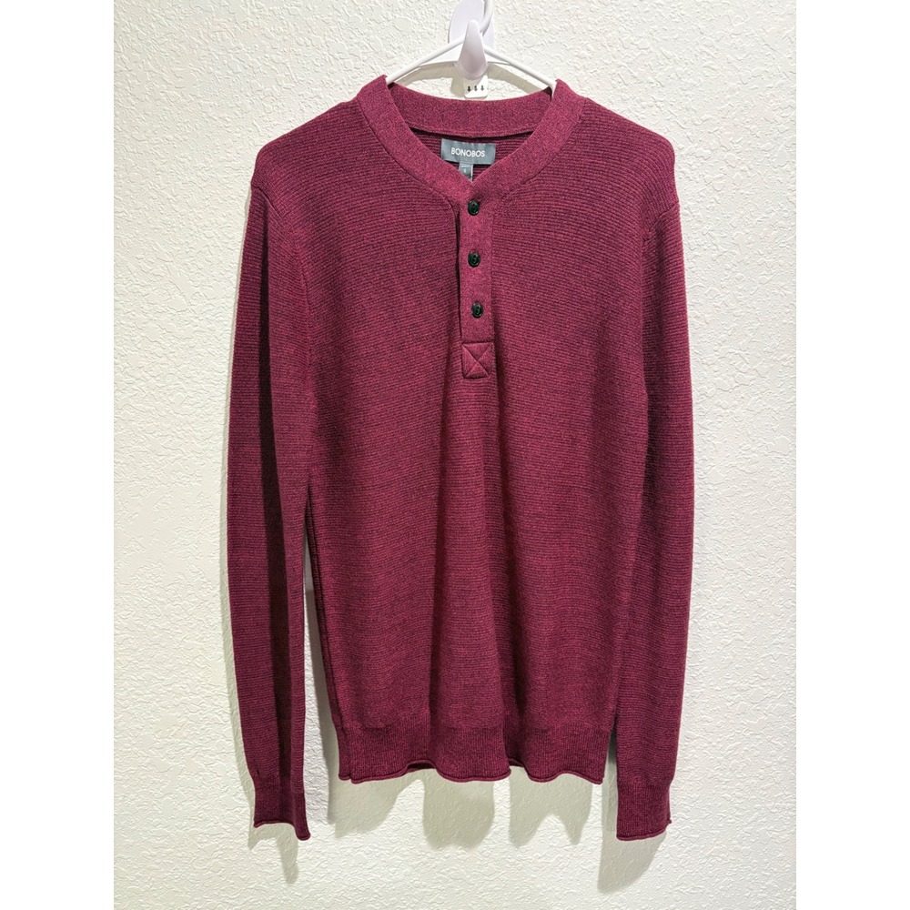 Bonobos Mens Slim Fit Extra Fine Merino Wool Henley Sweater Burgundy‎ Small NWT